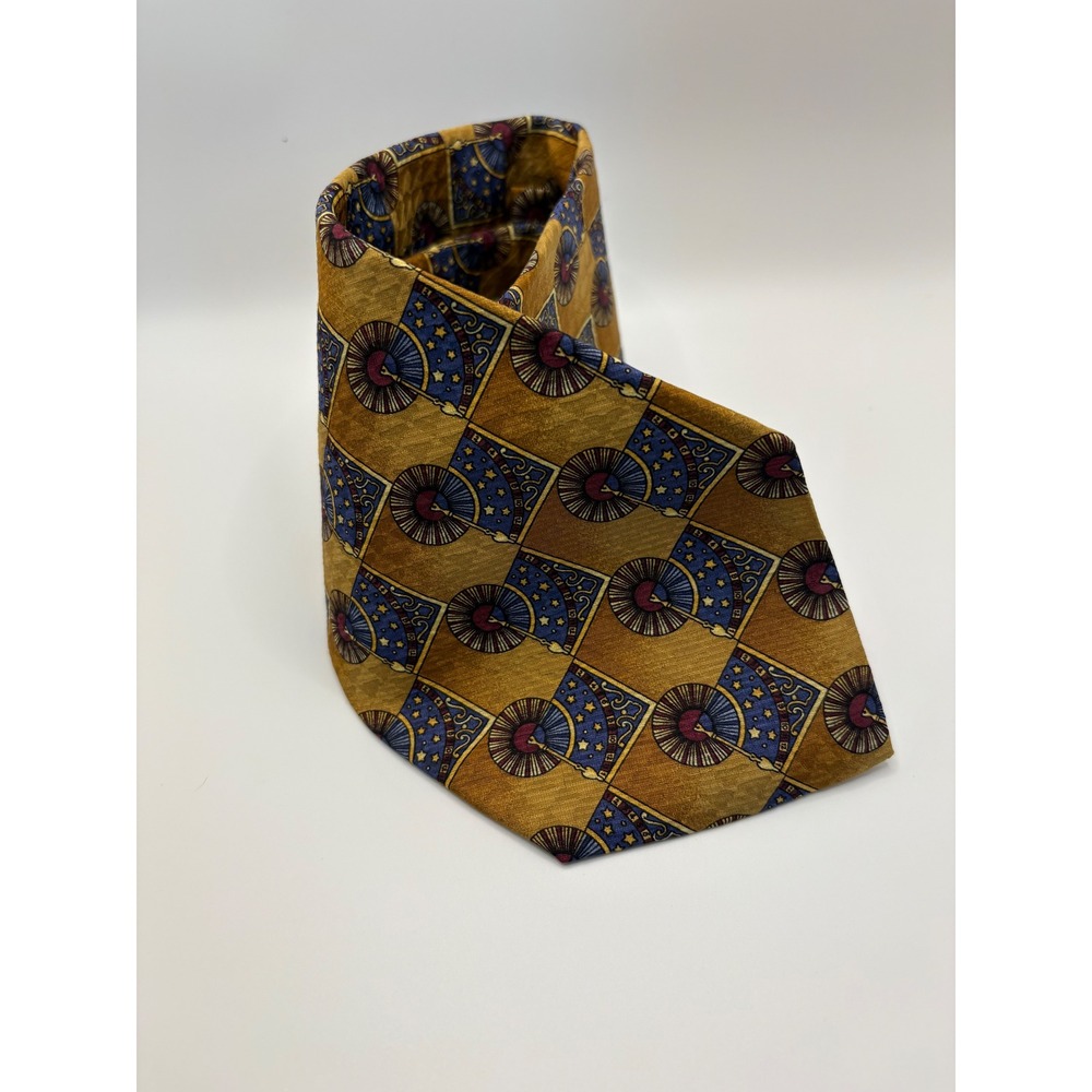 Mens Gold Celestial Fan Star Silk Necktie Blue Burgundy Geometric Pattern Tie
